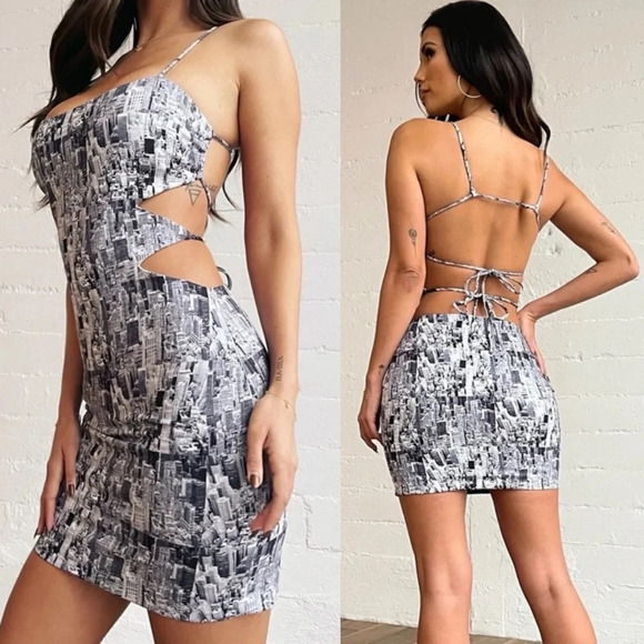 Tiger Mist Black White Building Skyline Keeli Bodycon Lace Back Dress Size XS - Picture 12 of 12